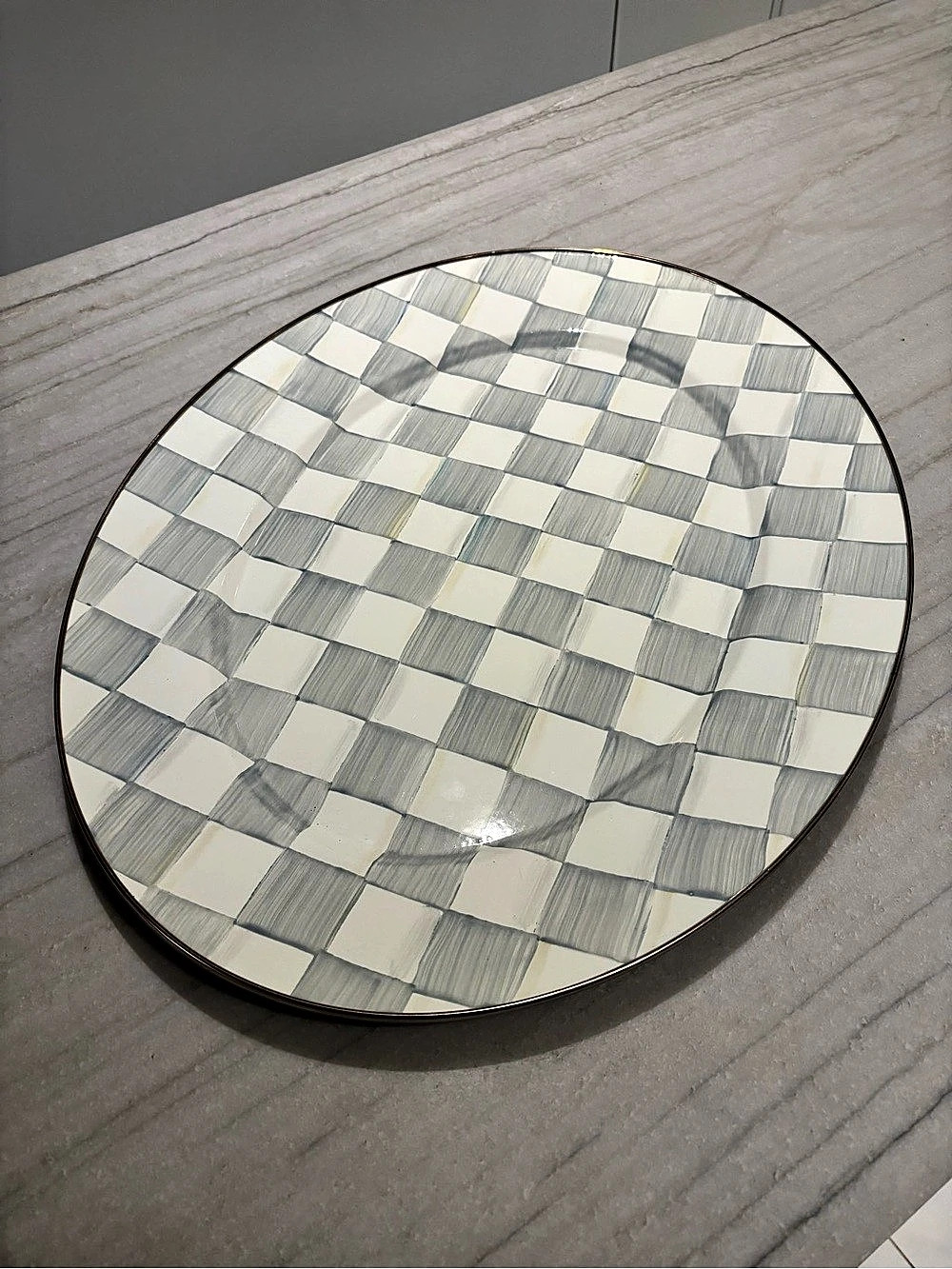 MACKENZIE-CHILDS Check Oval Platter Gray & White